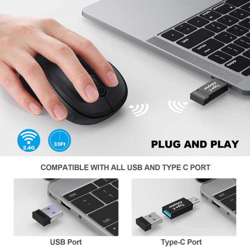 WisFox 2.4G Wireless Mouse for Laptop, Ergonomic Computer Mouse with USB Receiver and Type-C Adapter, 3 Adjustable Levels, 6 Button Cordless Wireless Mice for Windows Mac PC Notebook (Black) - Image 2